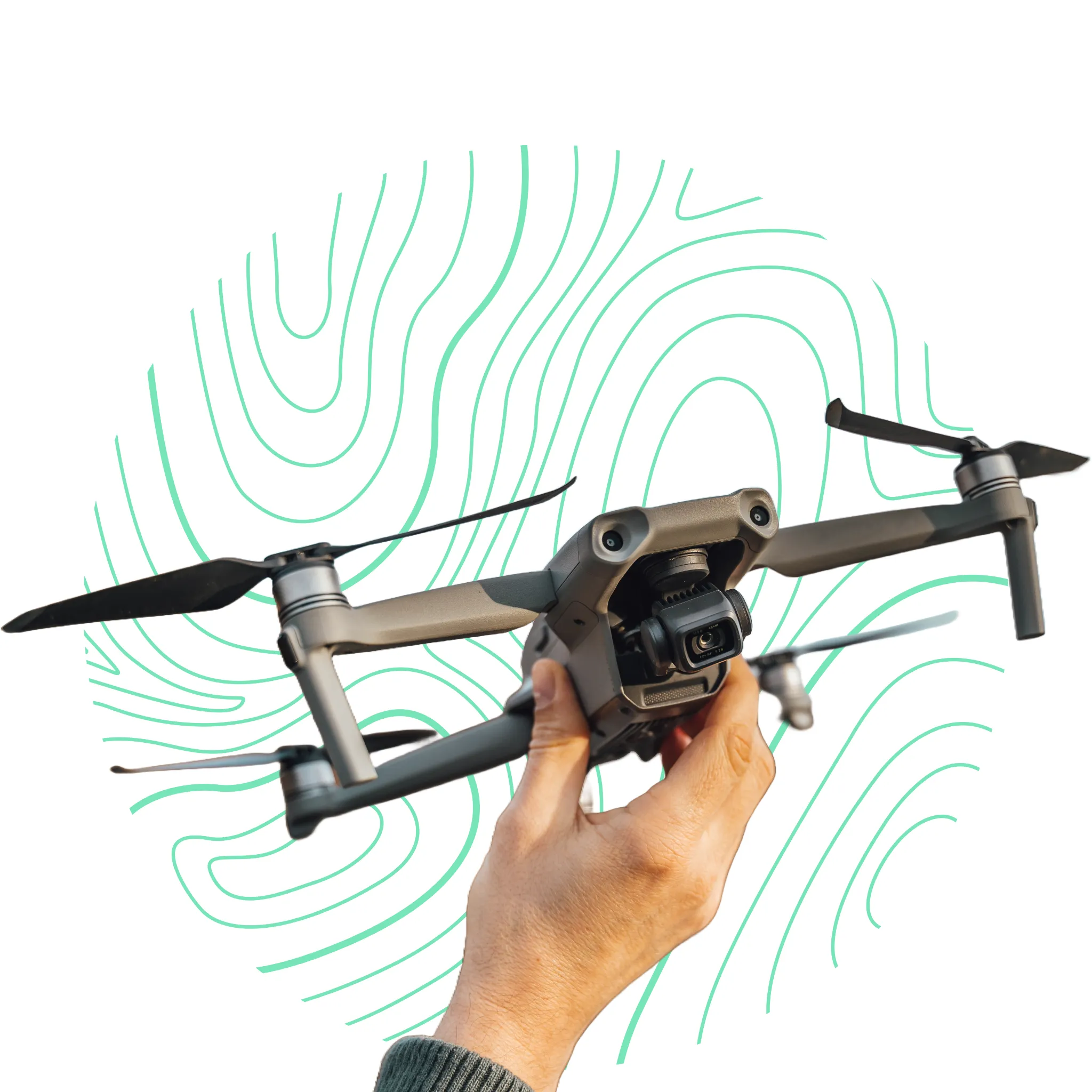 Dron siendo recogido por un operador después de realizar un levantamiento aéreo.